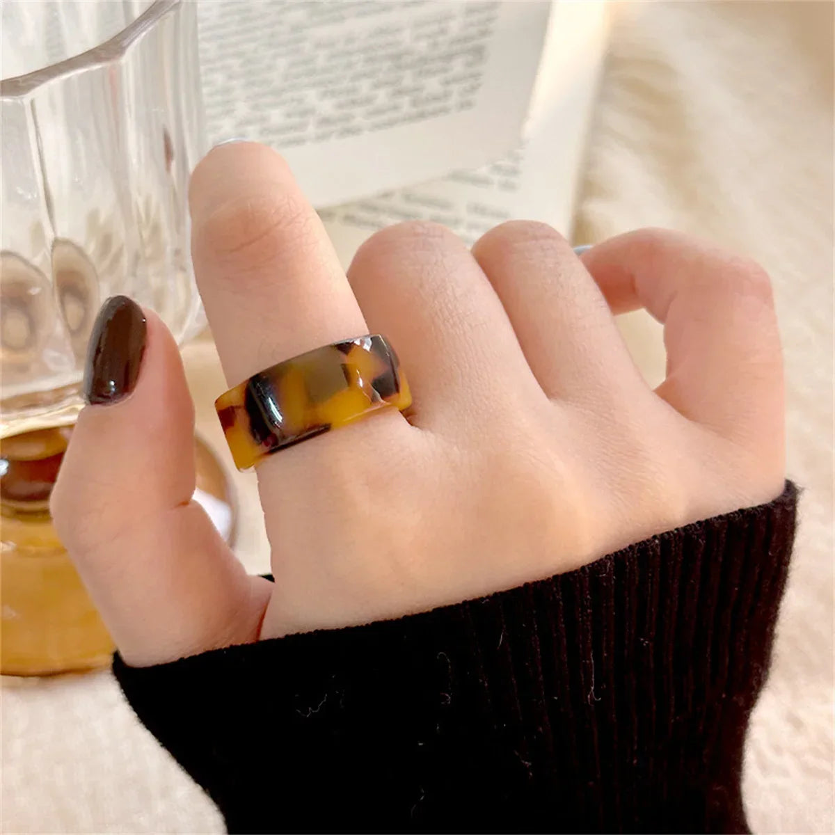 Leopard Print Amber Resin Geometric Open Ring | Adjustable Fashion Ring Qme kafei Size 7