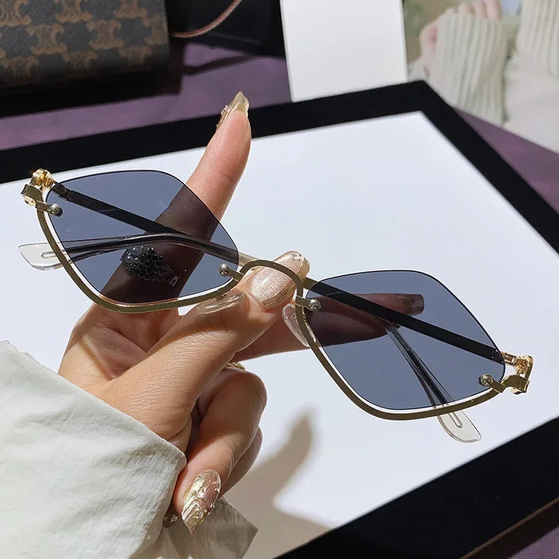 Women's Metal Half Frame Diamond Sunglasses – 8 Lens Colors Fashion Sunglasses Qme JGY