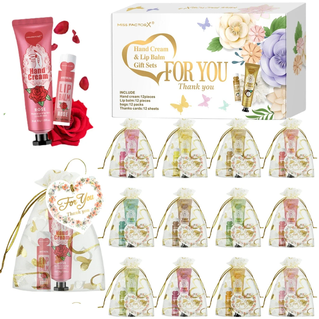 12-Piece Hand Cream & Lip Balm Gift Set | Net Bag & Card Beauty Gift Set Qme 12 sets gifts