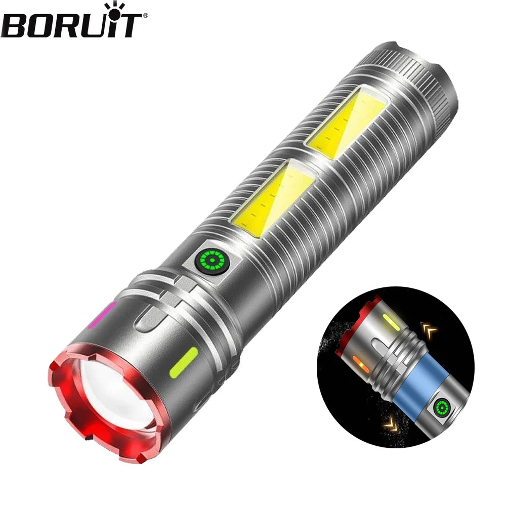 BORUiT Zoomable LED Flashlight Type-C Rechargeable, Side COB Light LED Flashlight Qst
