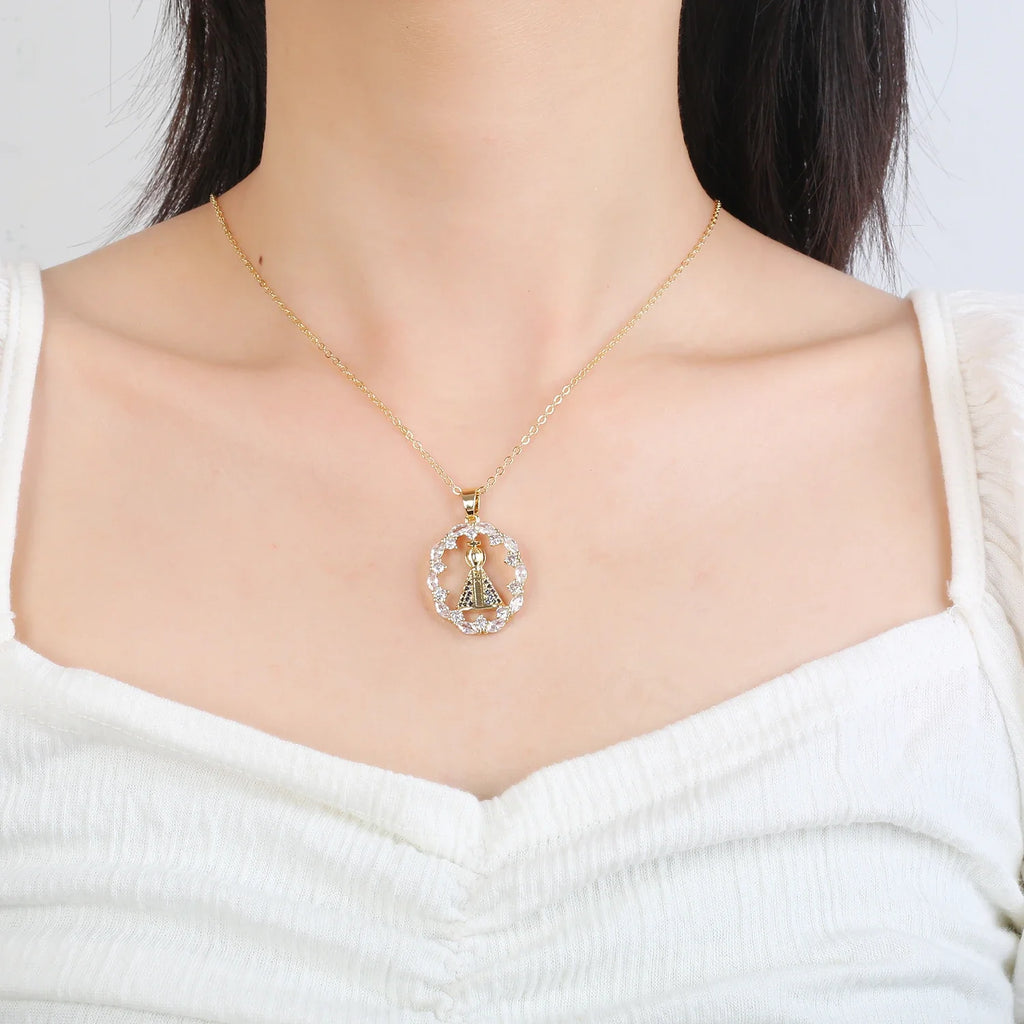 Our Lady of Aparecida Pendant Necklace | Virgin Mary CZ Religious Pendant Necklace Qme