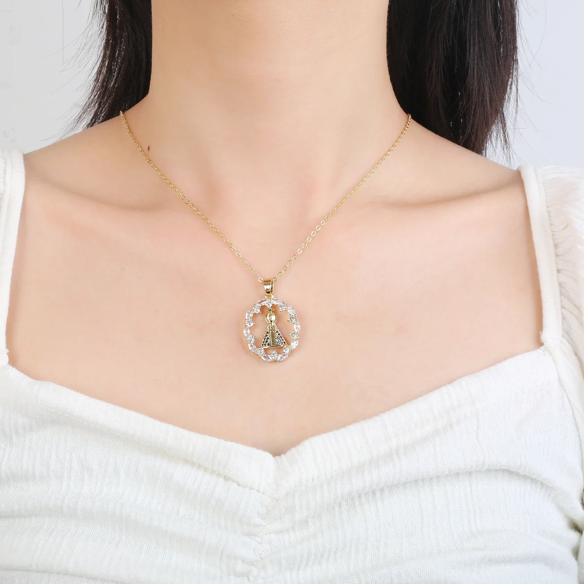 Our Lady of Aparecida Pendant Necklace | Virgin Mary CZ Religious Pendant Necklace Qme