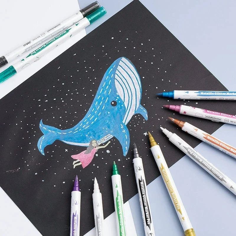 Metallic Glitter Dual Tip Marker Pens – Brush & Fine Nib Dual Tip Art Markers Qme
