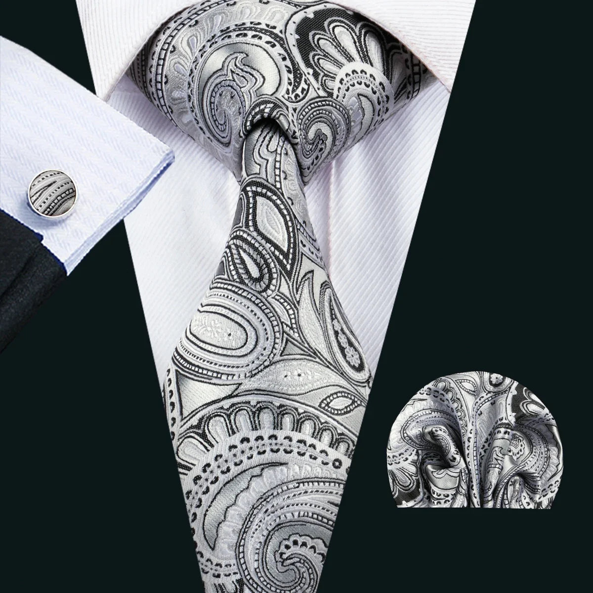 Barry Wang Black Geometric Silk Necktie & Handkerchief Set Necktie & Handkerchief Set Qme 1576