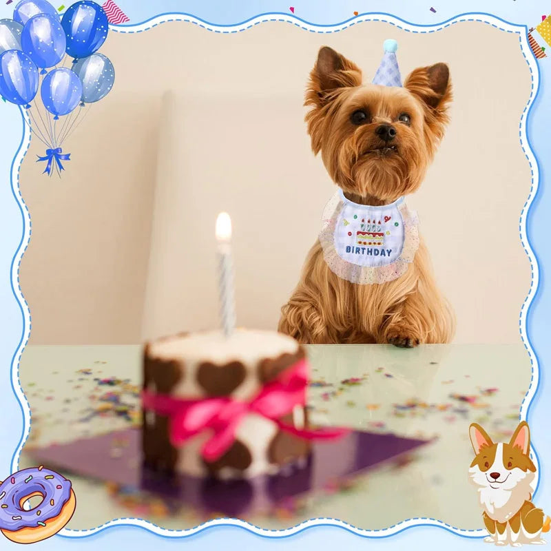 2-Piece Pet Birthday Hat & Scarf Set – Cute Embroidered Cat Pet Party Accessories Qme