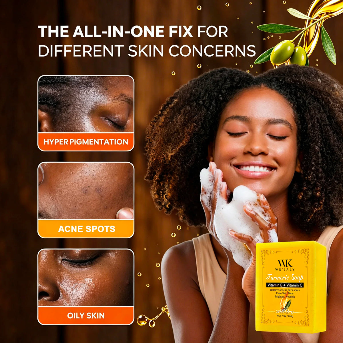 WK'JALY Turmeric Glow Soap – Vitamin C & E Cleanser 200g Brightening Bar Soap Qst