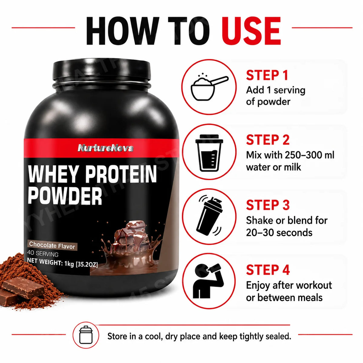 NurtureNova Whey Protein Powder – 6 Flavors, 40 Servings Whey Protein Supplement Qst