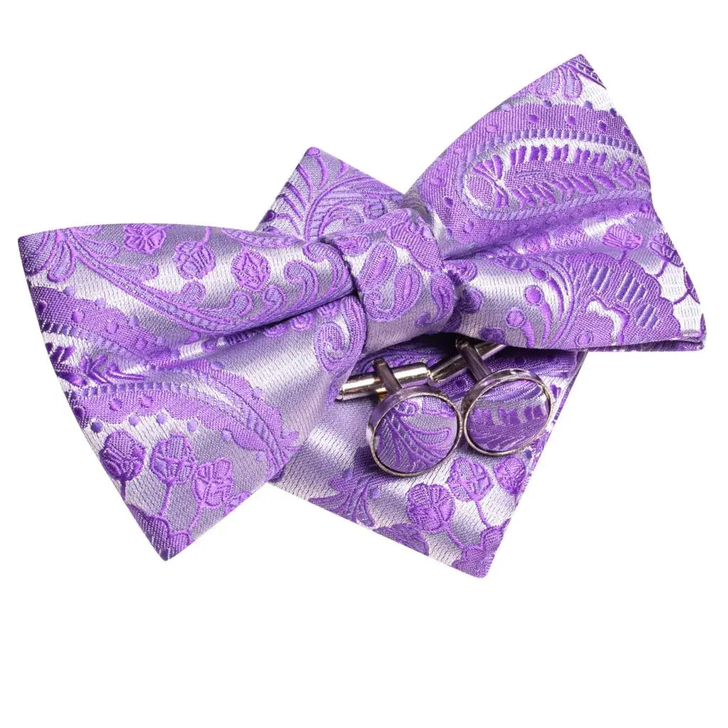 Men's Silk Bow Tie, Pocket Square & Cufflinks Set – Purple Bow Tie Gift Set Qme