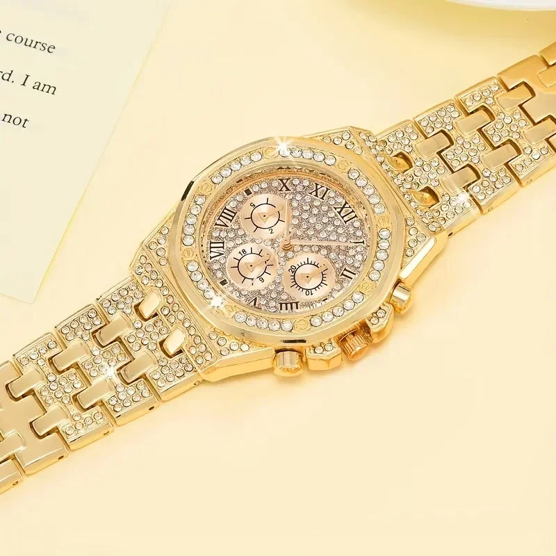 Gold Plated Diamond Chronograph Watch & Cuban Link Bracelet Set Watch & Bracelet Set Qme