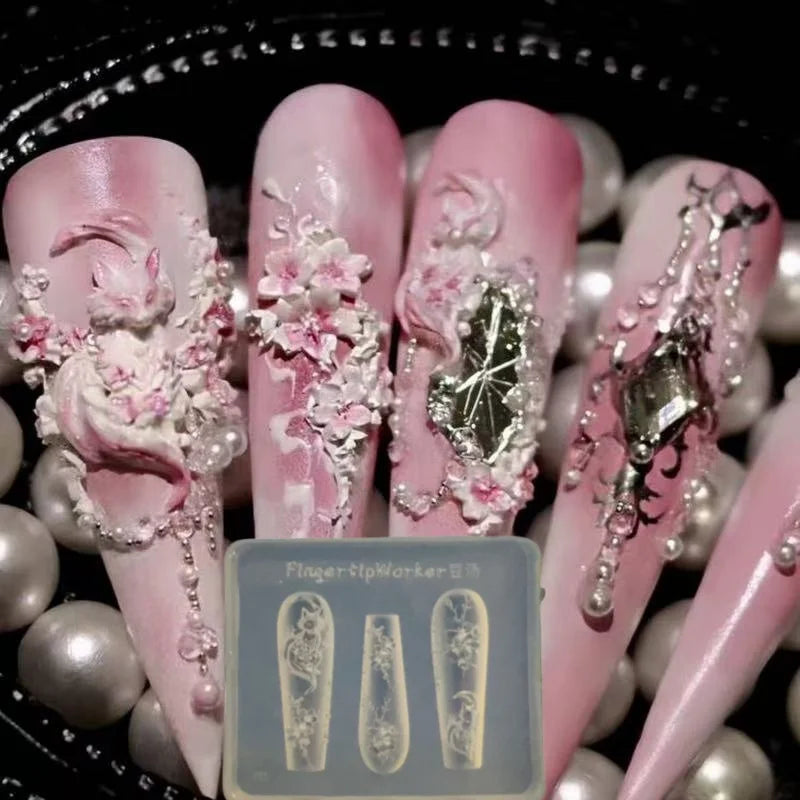 3D Silicone Nail Art Mold – Flower & Fox DIY Carving Tool Nail Art Mold Qst