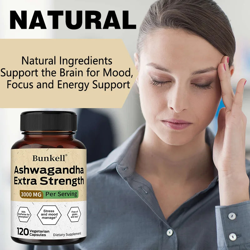Organic Ashwagandha 3000mg + BioPerine Capsules | Bunkell Herbal Supplement Qst