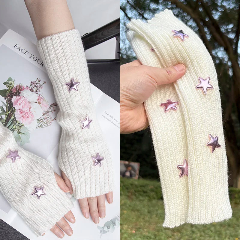 Y2K Fingerless Gloves Women Knitted Star Arm Warmers Fingerless Arm Warmers Qme
