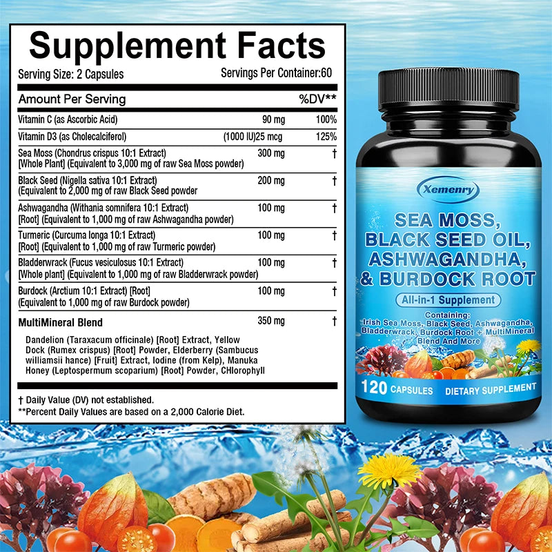 Sea Moss, Black Seed Oil, Ashwagandha & Burdock Root Capsules Herbal Supplement Qst