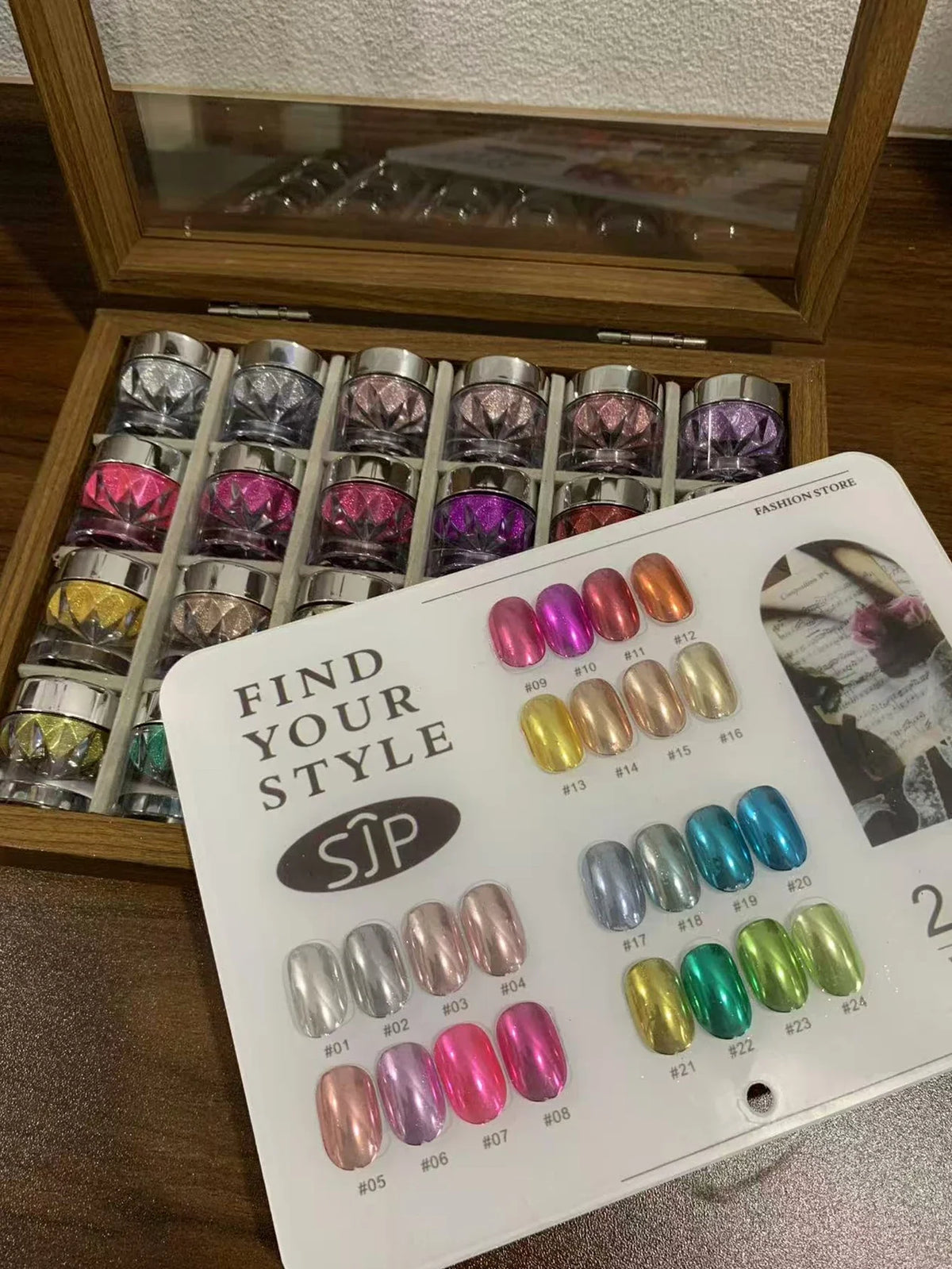 24-Color Mirror Nail Art Powder Set, Storage Box & DIY Charms Nail Art Powder Set Qme