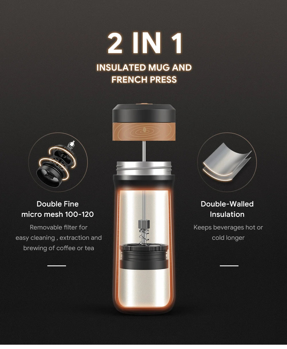 RECAFIMIL 12oz Portable French Press Travel Mug – Camping French Press Travel Mug Qst