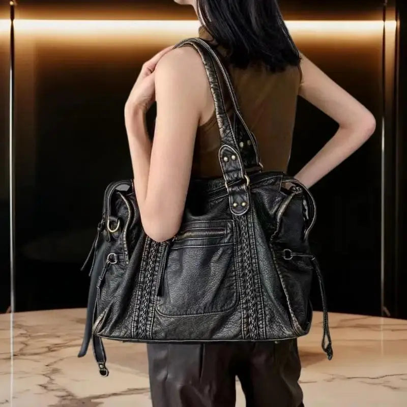 Vintage Punk PU Leather Large Tote Bag – Travel Handbag PU Leather Tote Bag Qme