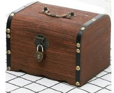 Vintage Wooden Treasure Chest Piggy Bank with Lock Decorative Piggy Bank Qme 14.5x10x9.5cm
