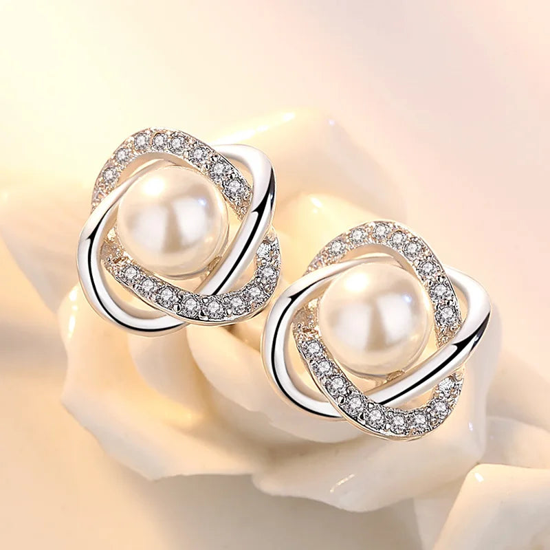 925 Sterling Silver Pearl Crystal Stud Earrings for Women Pearl Crystal Stud Earrings Qme Default Title