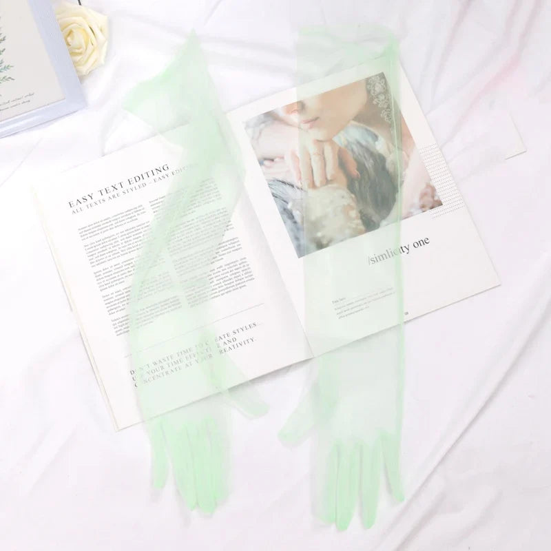Women's Sheer Lace Mesh Gloves – Ultra Thin Elastic, 55cm Lace Mesh Gloves Qme light green 55cm