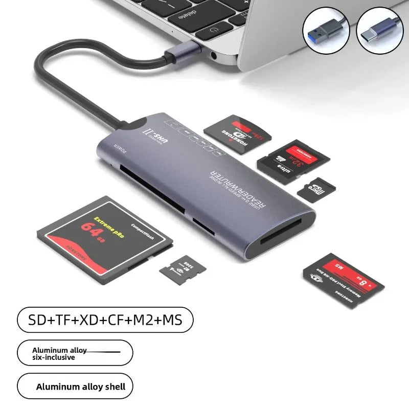USB 6-in-1 Multi-Card Reader Aluminum Alloy – MS CF SD TF XD USB Card Reader Qme