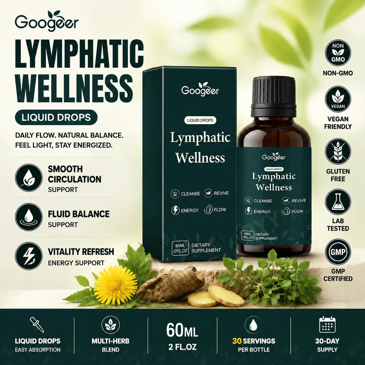 Herbal Wellness Liquid Drops – Dandelion Burdock Ginger Blend 60ml Herbal Liquid Drops Qst