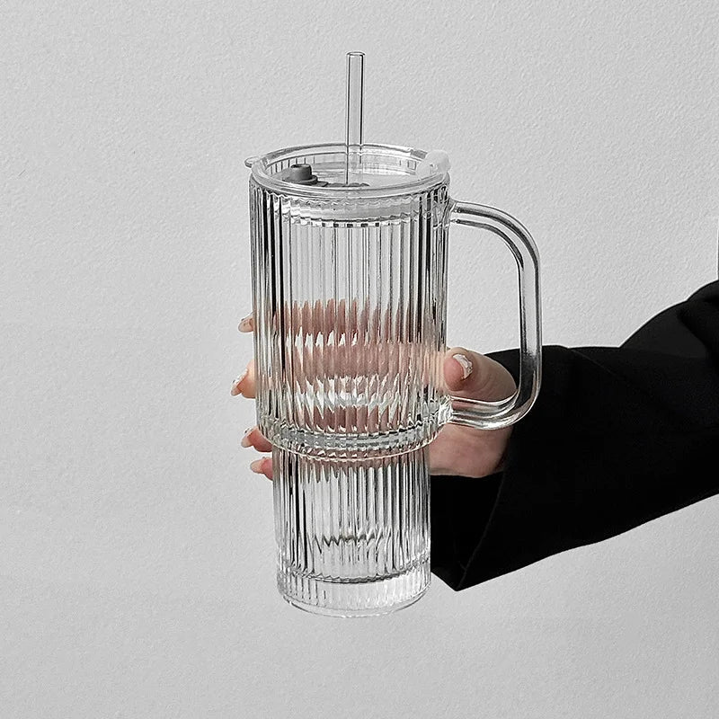 Striped Glass Tumbler with Handle, Lid & Straw – 600ml Clear Glass Tumbler Qme Transparent 600ml