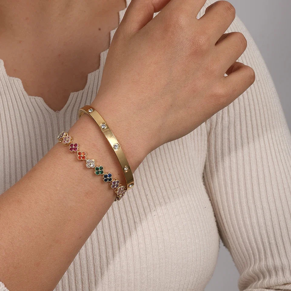 Colorful Zircon Five-Leaf Flower Stacked Bangle 18K Gold Stackable Bangle Bracelet Qme