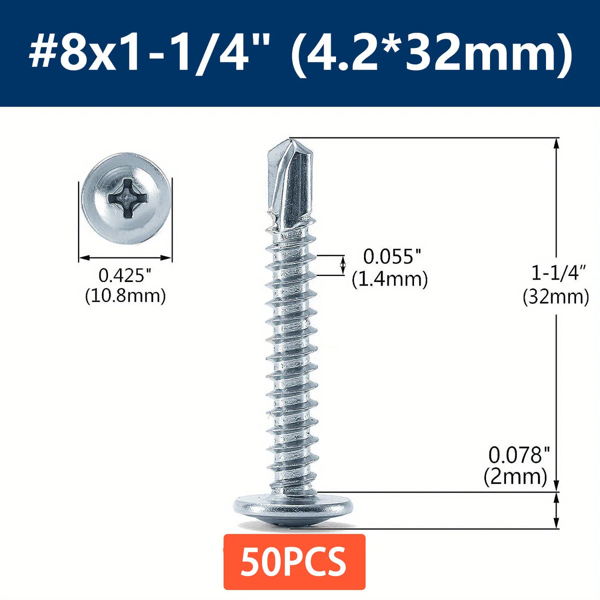 #8 Phillips Truss Head Self-Drilling Tek Screws | Zinc Sheet Metal Sheet Metal Screws Qme 50pcs 32mm