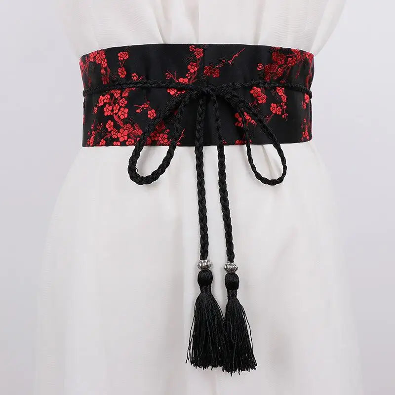 Vintage Floral Embroidered Wrap Belt – Bow Tie Tassel Sash Embroidered Wrap Belt Qst E