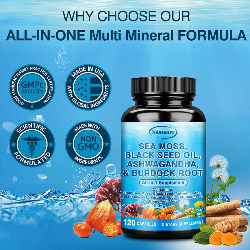 Sea Moss, Black Seed Oil, Ashwagandha & Burdock Root Capsules Herbal Supplement Qst