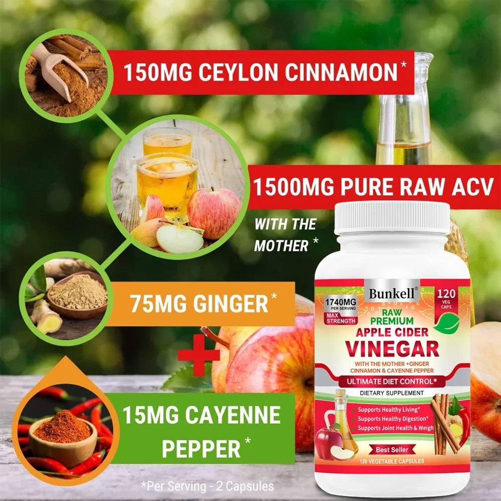 Apple Cider Vinegar Capsules 1740mg | Cinnamon Ginger Cayenne Dietary Supplement Qst