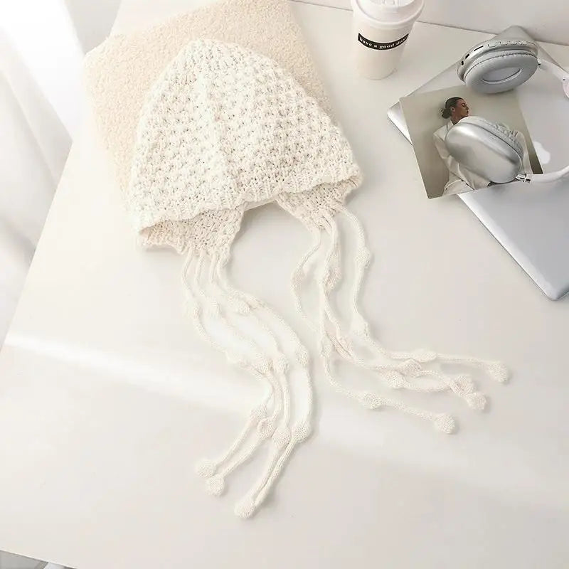 Women's Winter Knitted Tassel Beanie with Ear Cover Knitted Winter Beanie Qst A3