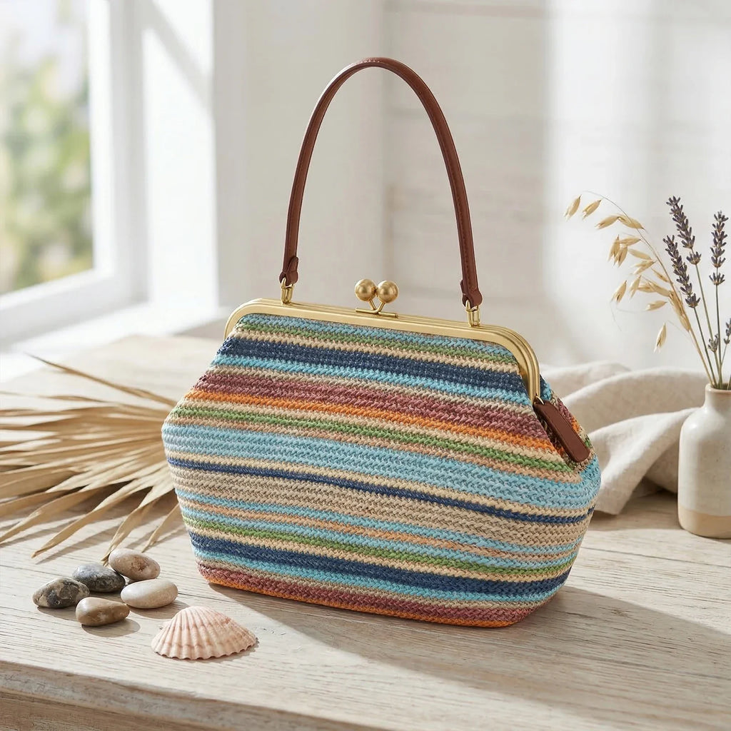 Boho Straw Woven Tote Bag – Striped Beach Handbag & Clutch Straw Tote Bag Qme