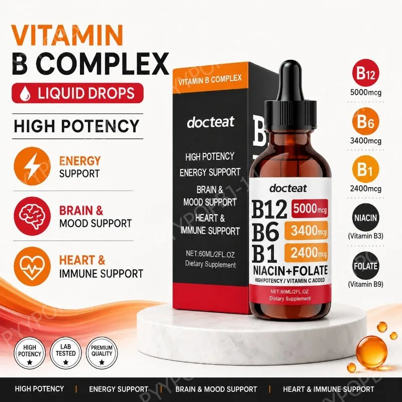 Docteat Vitamin B Complex Liquid Drops with Vitamin C – 60ml Liquid Vitamin Supplement Qst
