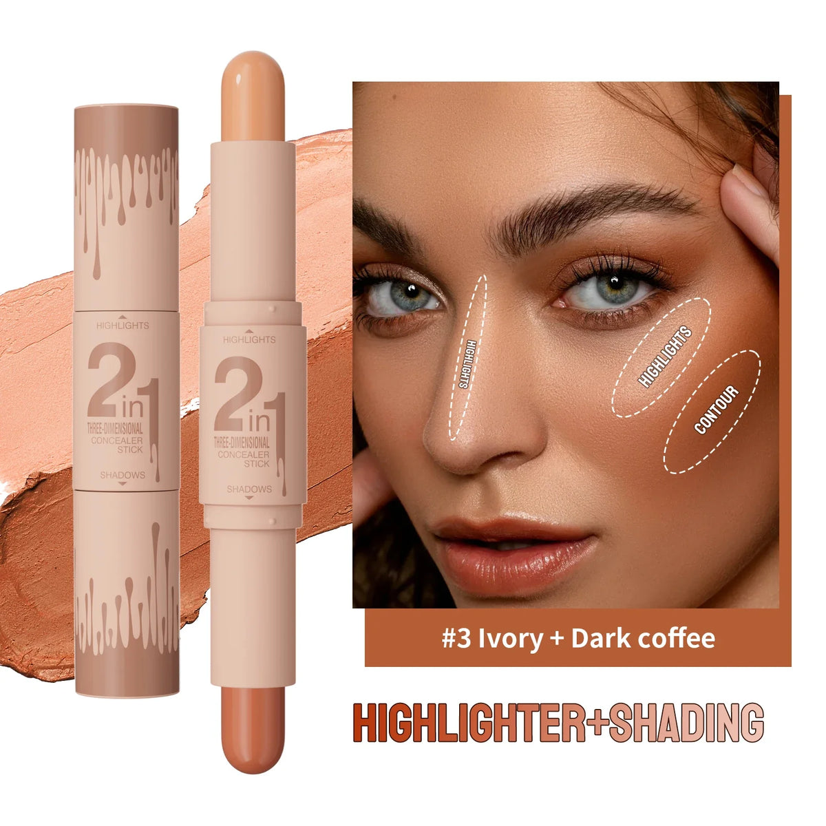 Qme Double-Ended Highlight & Contour Stick – 3D Sculpting Highlight Contour Stick Qme 9512-3
