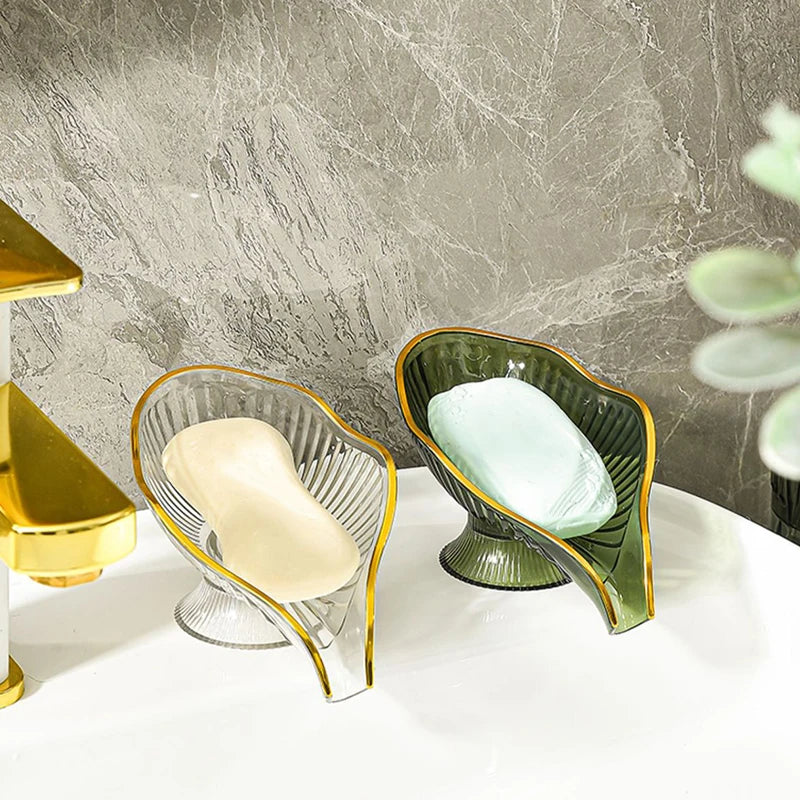 Leaf Shape Soap Dish with Drain Tray – Non-Slip PET Holder Soap Dish Holder Qst