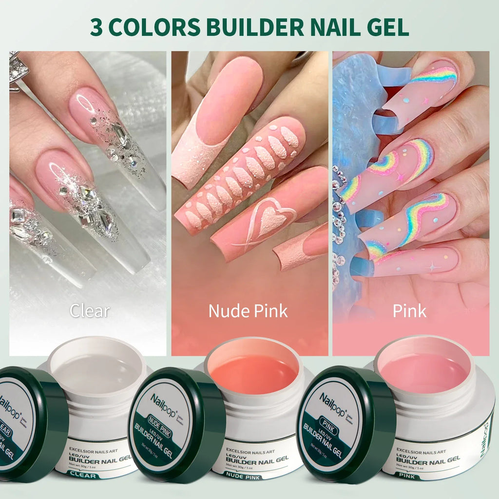 Nailpop Builder Gel Kit – Pink, Nude & Clear 3-Color Set Builder Gel Kit Qme