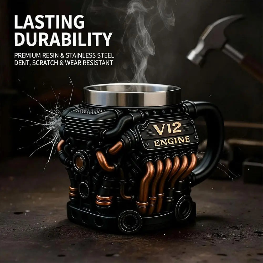 Handmade V12 Engine Stainless Steel Coffee Mug | Car Enthusiast Gift Novelty Coffee Mug Qme