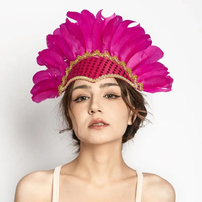 Feathered Headdress Headband – Stage & Festival Costume Costume Headband Qst Rose red