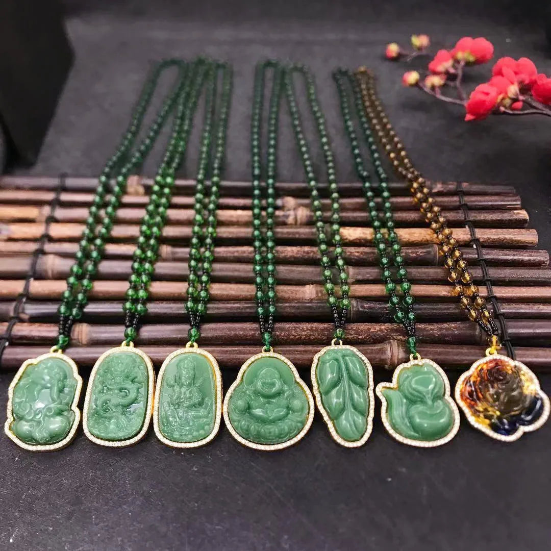 Green Jade Buddha Pendant Necklace – Maitreya Amulet Pendant Necklace Qme