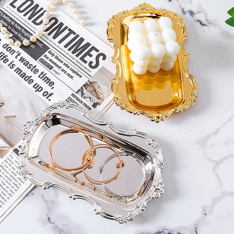 Vintage Embossed Metal Serving Tray – Dessert & Jewelry Organizer Decorative Serving Tray Qst