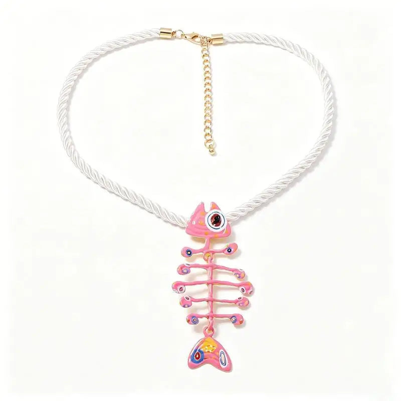 Boho Hand Woven Rope Fish Bone Pendant Necklace | 6 Colors Pendant Necklace Qme A6