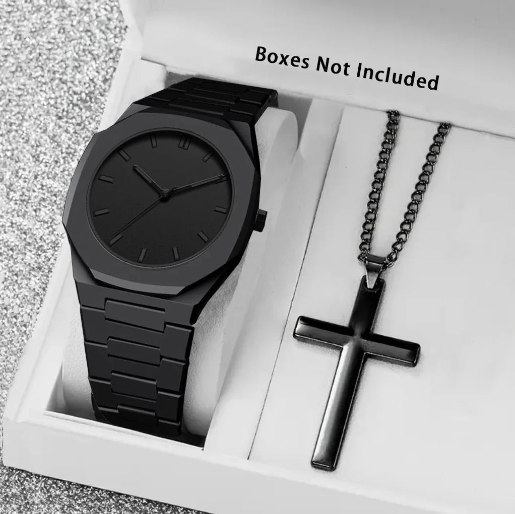 Men's All Black Octagonal Watch & Cross Necklace Set Watch & Necklace Set Qme black No