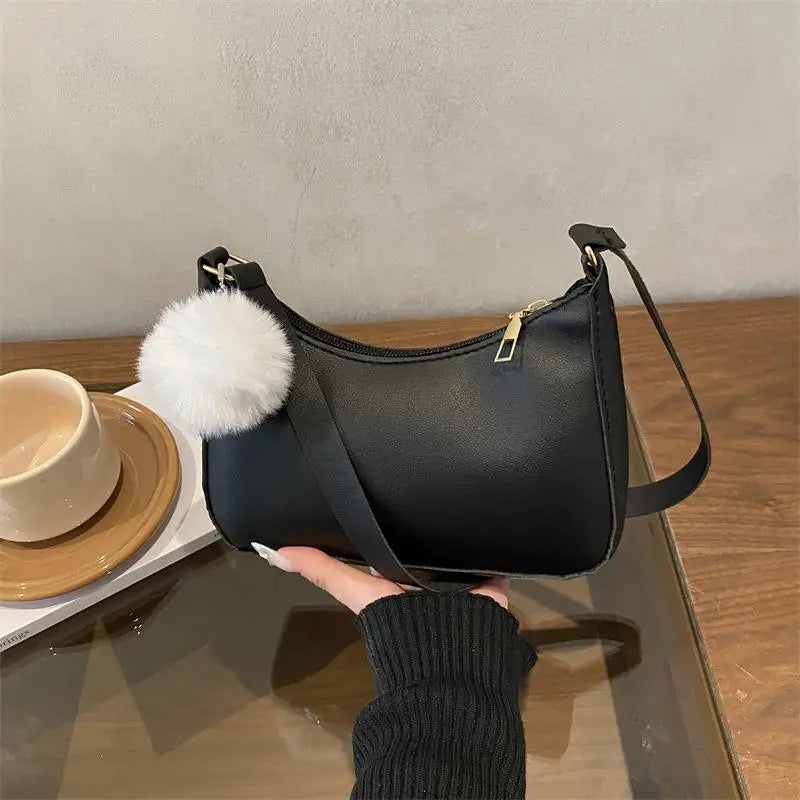 Small Square Shoulder Bag with Pom-Pom Charm | 6 Colors Mini Shoulder Bag Qme size1 B