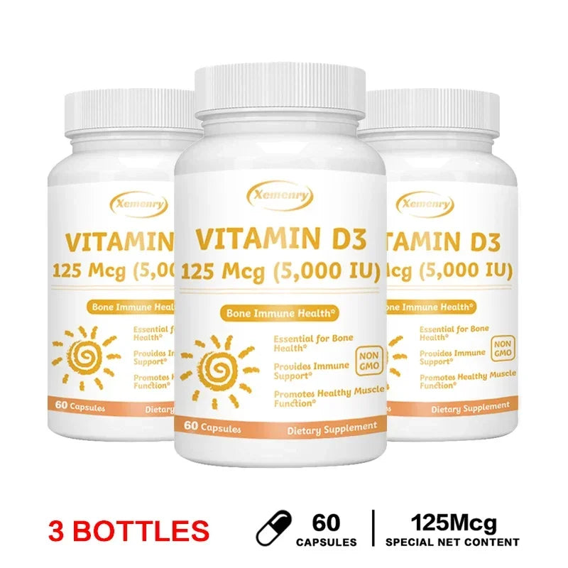 Xemenry Vitamin D3 5000 IU – Immune & Bone Support Vitamin D Supplement Qst 60 Capsule-3bottles