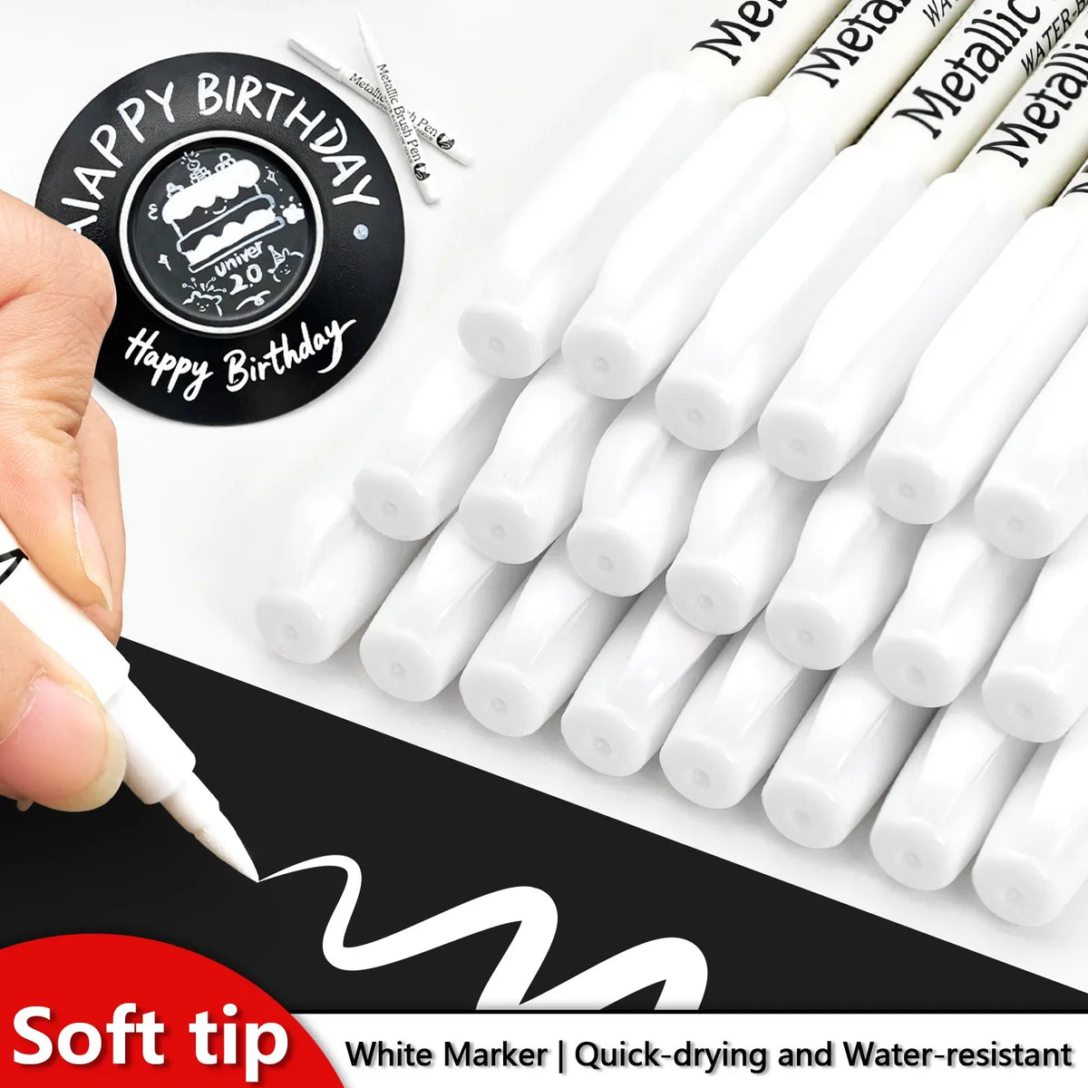 Metallic Brush Marker Pens – Gold, Silver, Copper & White Metallic Brush Markers Qme