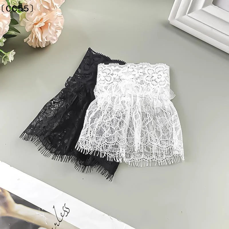 Women's Lace Fake Arm Sleeves Tassel Pleated Cuffs – White & Black Lace Arm Sleeves Qst