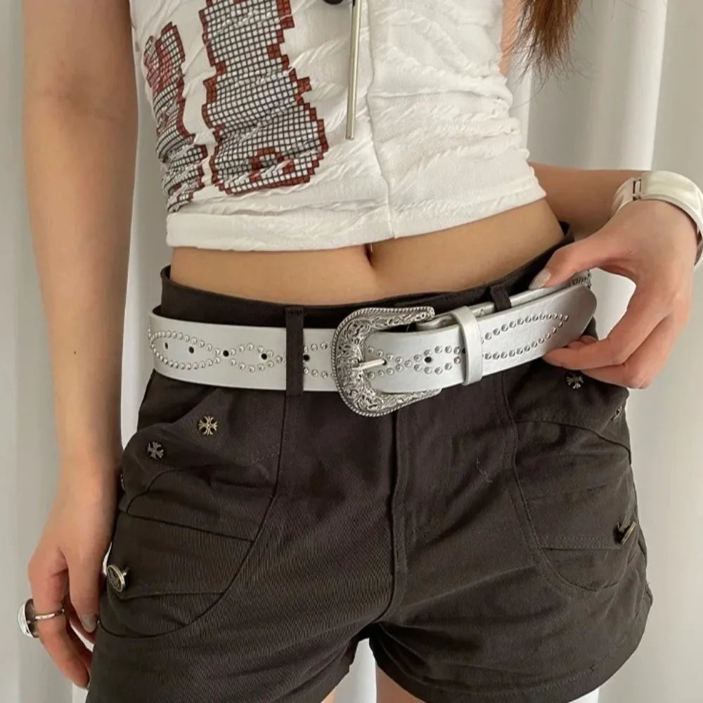 Women's Rhinestone PU Leather Rivet Belt – Punk & Ethnic Style Women's Fashion Belt Qme Silver