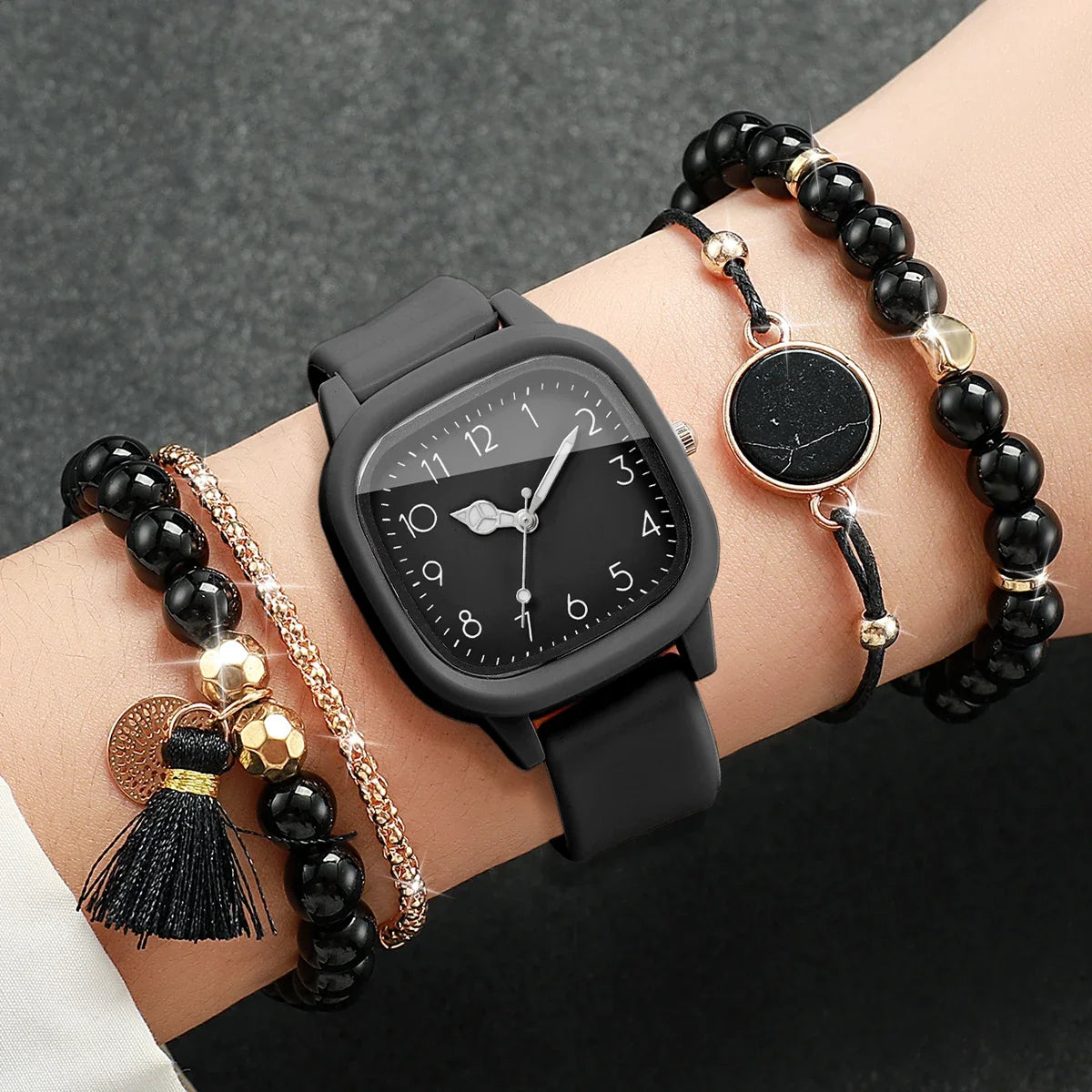 Women's Quartz Watch & Bracelet Stack – Silicone, Beads & Tassel Watch Bracelet Set Qme