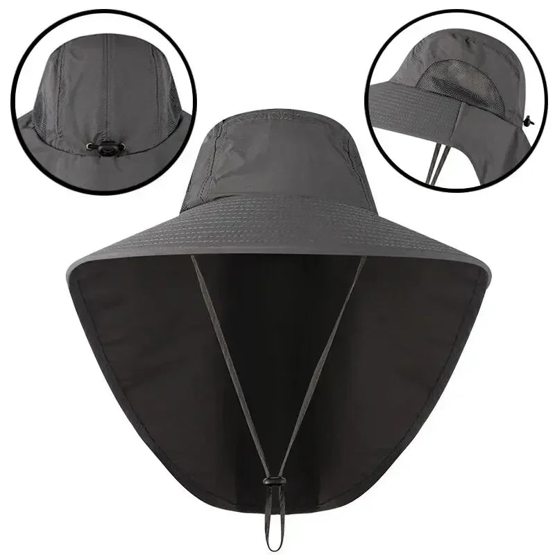 Wide Brim Sun Hat with Neck Flap – Unisex Outdoor Cap Wide Brim Sun Hat Qme Grey